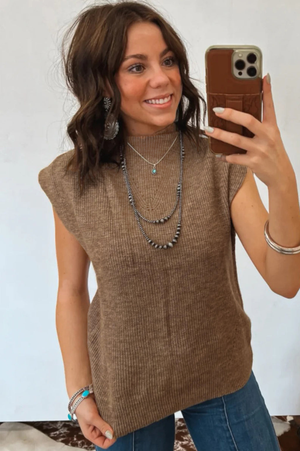 Light French Beige Solid Color Ribbed Knit Mock Neck Loose Sleeveless Sweater