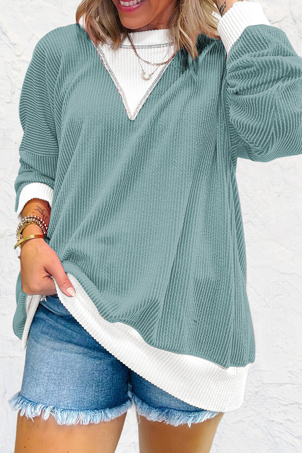 Peach Blossom Corded Colorblock Drop Shoulder Loose Top