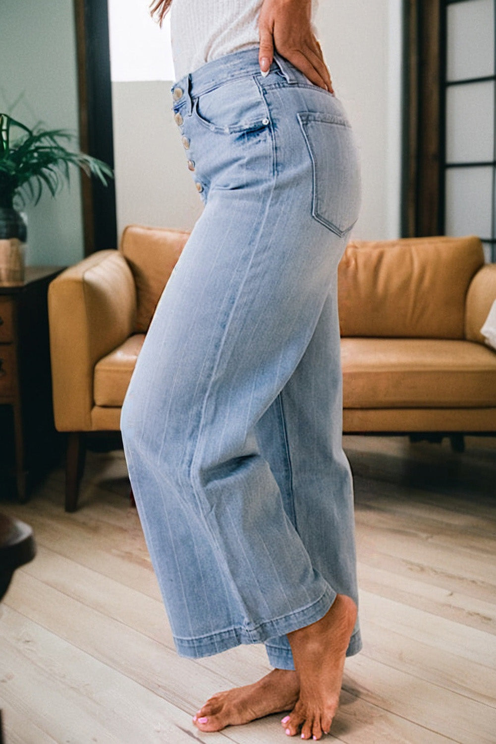 Beau Blue Multi Buttons Pinstripe Wide Leg Jeans