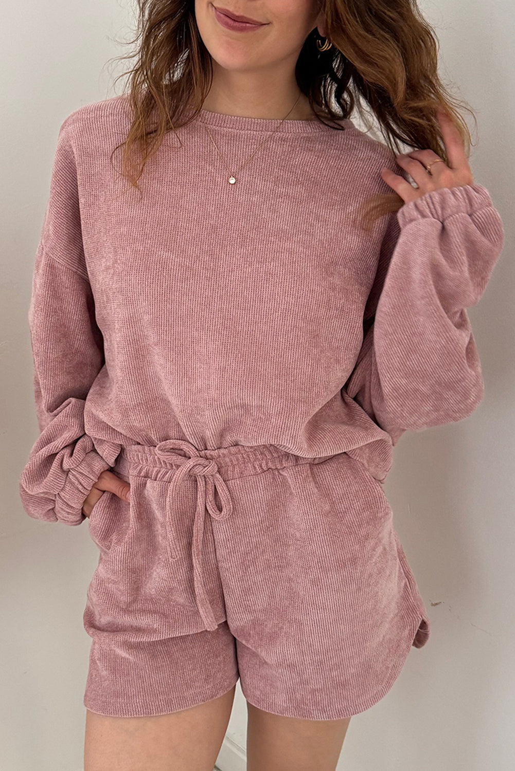 Dark Brown Solid Color Textured Knit Drop Shoulder Pullover Drawstring Shorts Set
