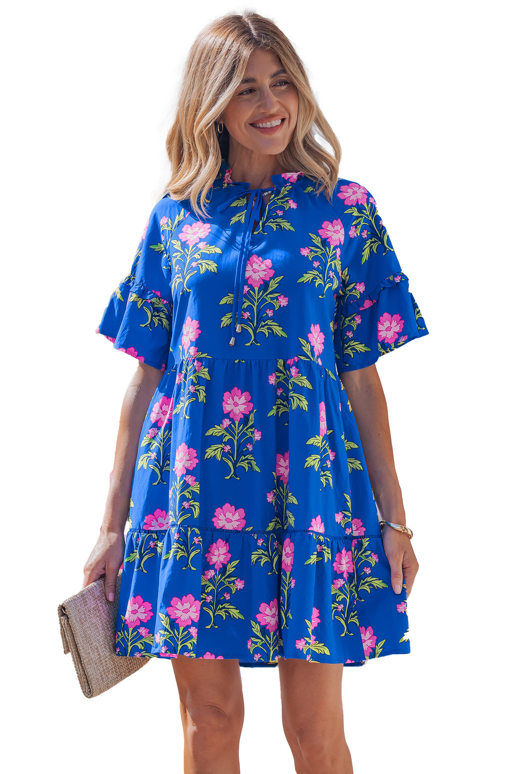 Blue V Neck Short Sleeve Loose Flower Dress