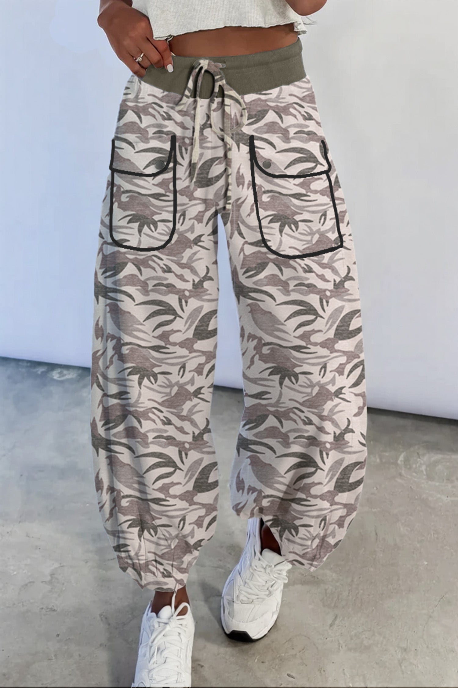 Khaki Drawstring Contrast Waistband Camouflage Cargo Barrel Pants