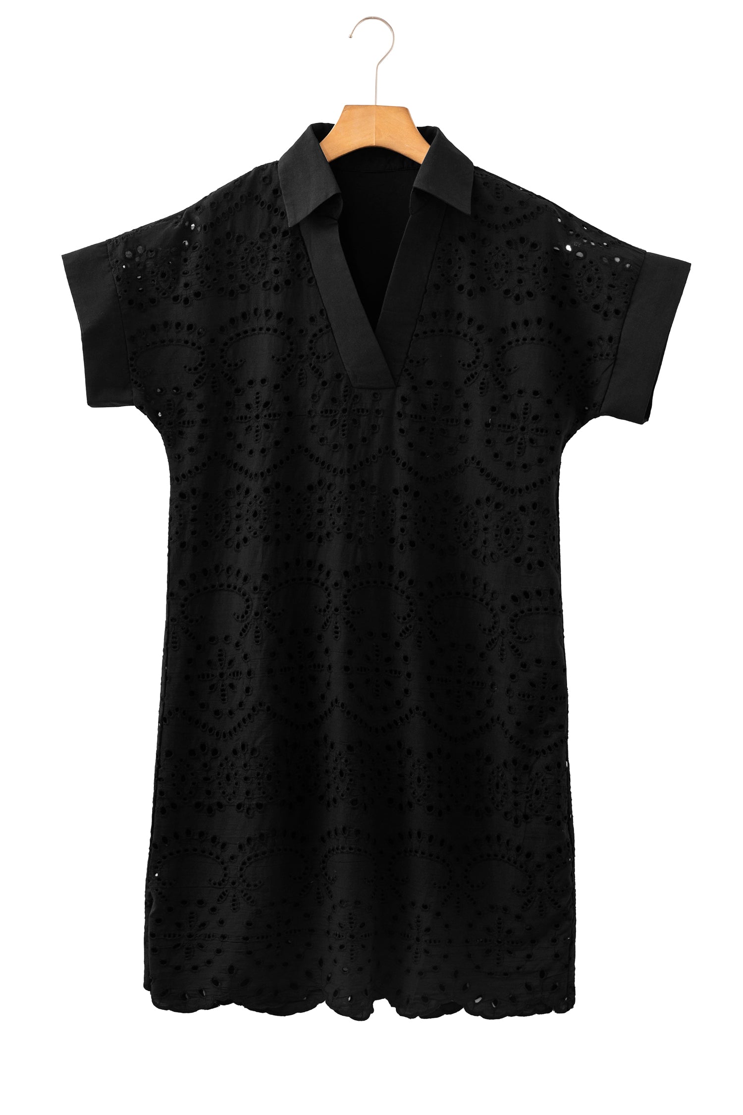 Black Solid Color Eyelet Embroidered T Shirt Mini Dress