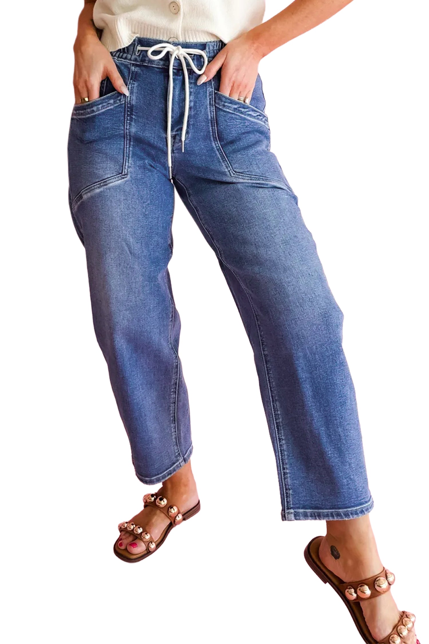 Ashleigh Blue Drawstring Waist Ankle Length Casual Jeans Regular Fit Pocket Detail Denim Pants