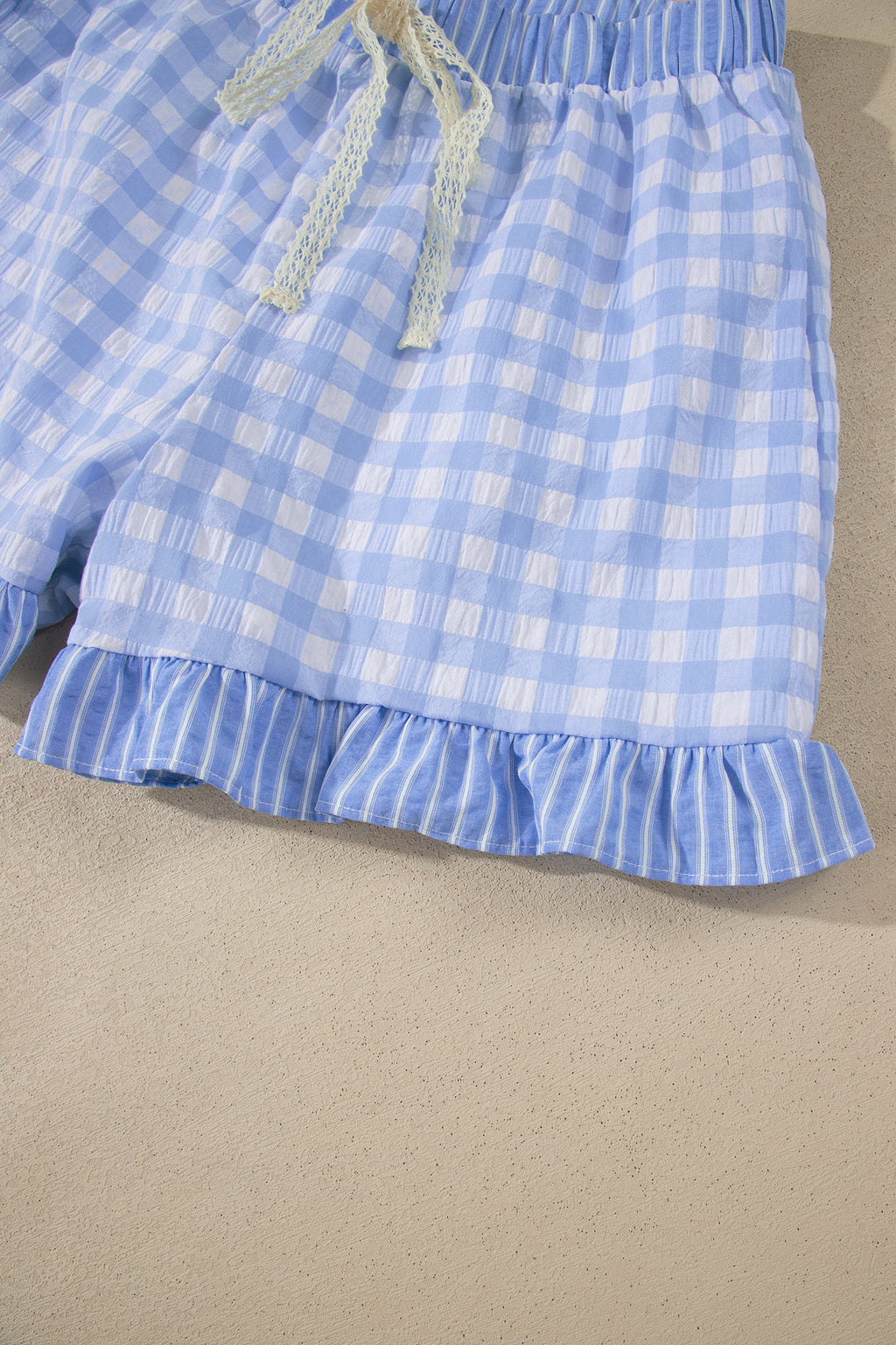 Red Gingham Print Ruffle Striped Detail Lace Tie Shorts