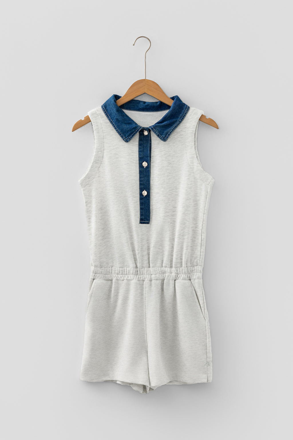 Light Grey Denim Patchwork Polo Collar Elastic Waist Sleeveless Romper