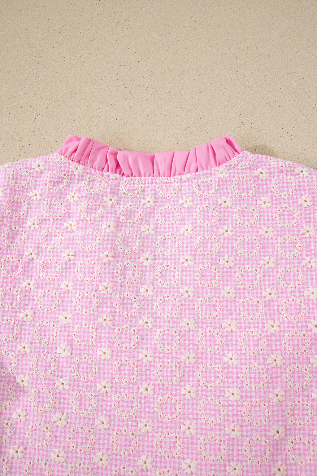 Pink Eyelet Embroidered Flower Texture Contrast Lace Trim Flutter Sleeve Blouse