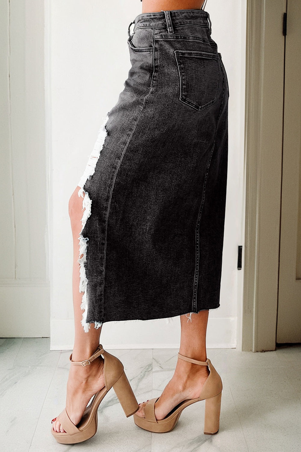 Dearlove Myosotis Irregular Distressed Bottom Denim Midi Skirt