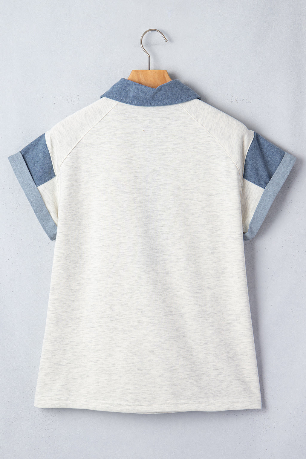 Carbon Grey Denim Color Block Patchwork Shirt Collar Short Sleeve Blouse