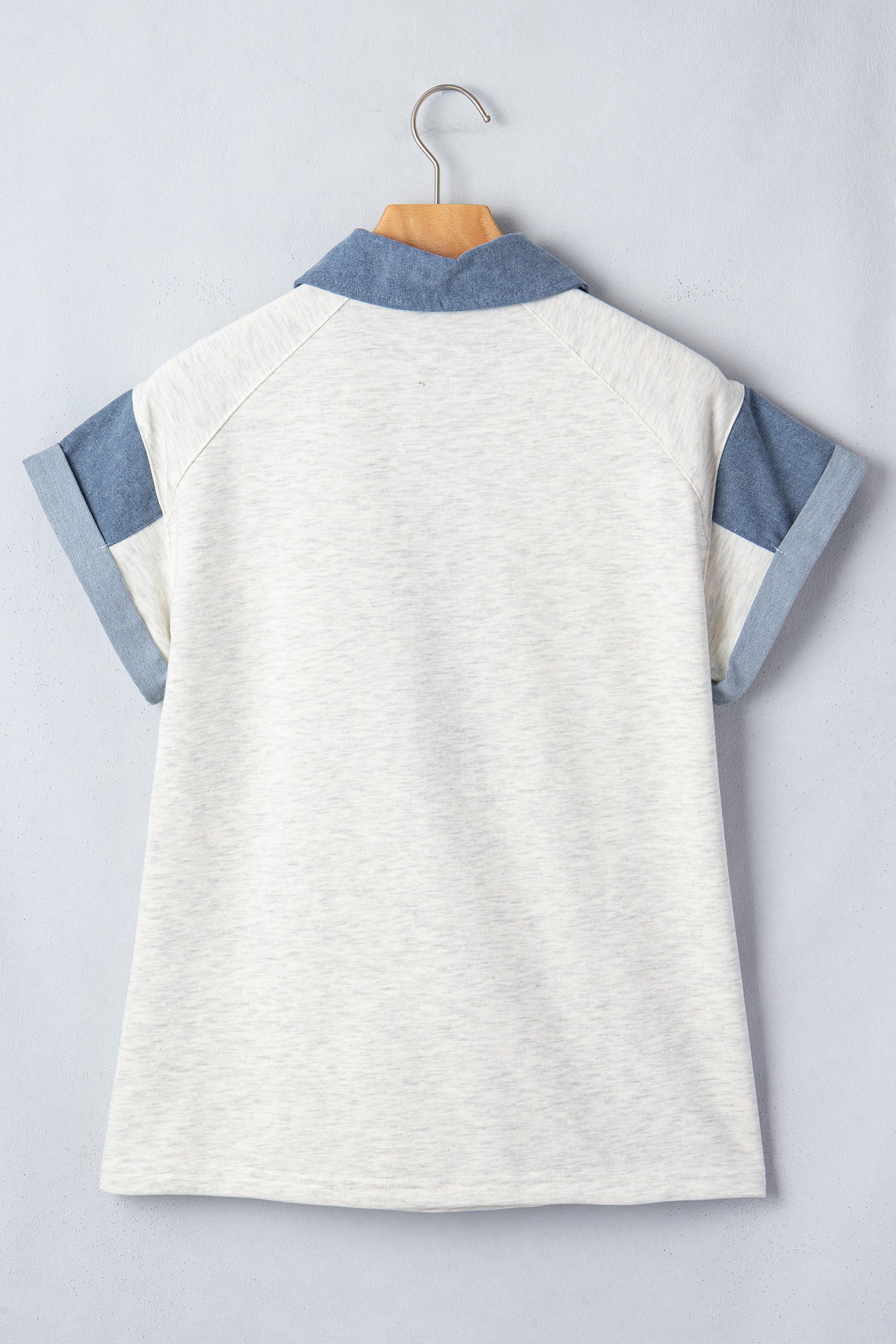Carbon Grey Denim Color Block Patchwork Shirt Collar Short Sleeve Blouse