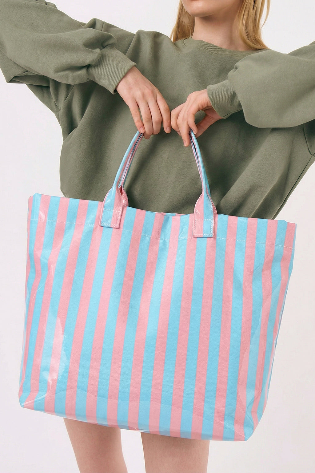 Blackish Green Glossy Striped Vinyl Large Tote Bag