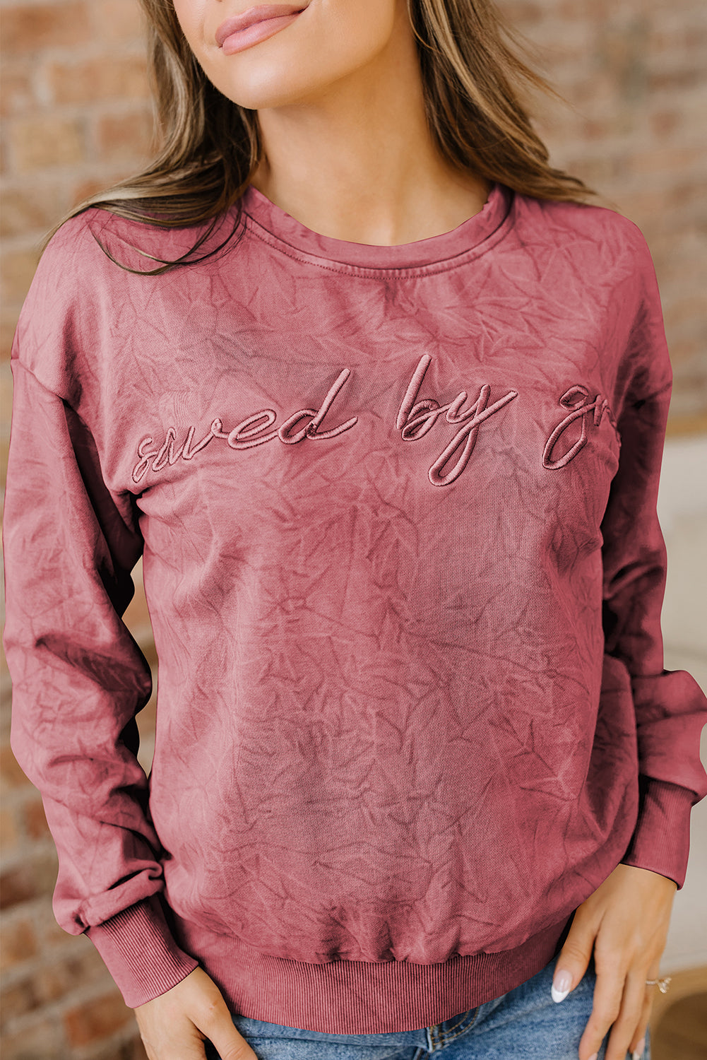 DUNE saved by grace Letter Embroidery Mineral Wash Loose Sweatshirt