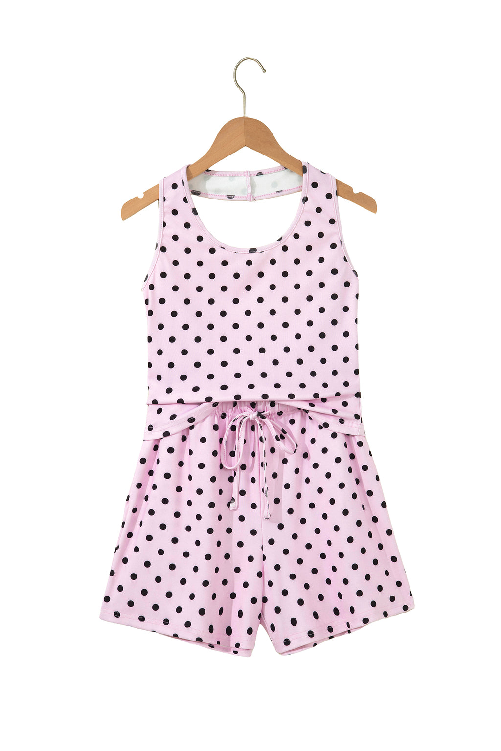 Brown Polka Dot Halter Tank Drawstring Elastic Waist Short Set