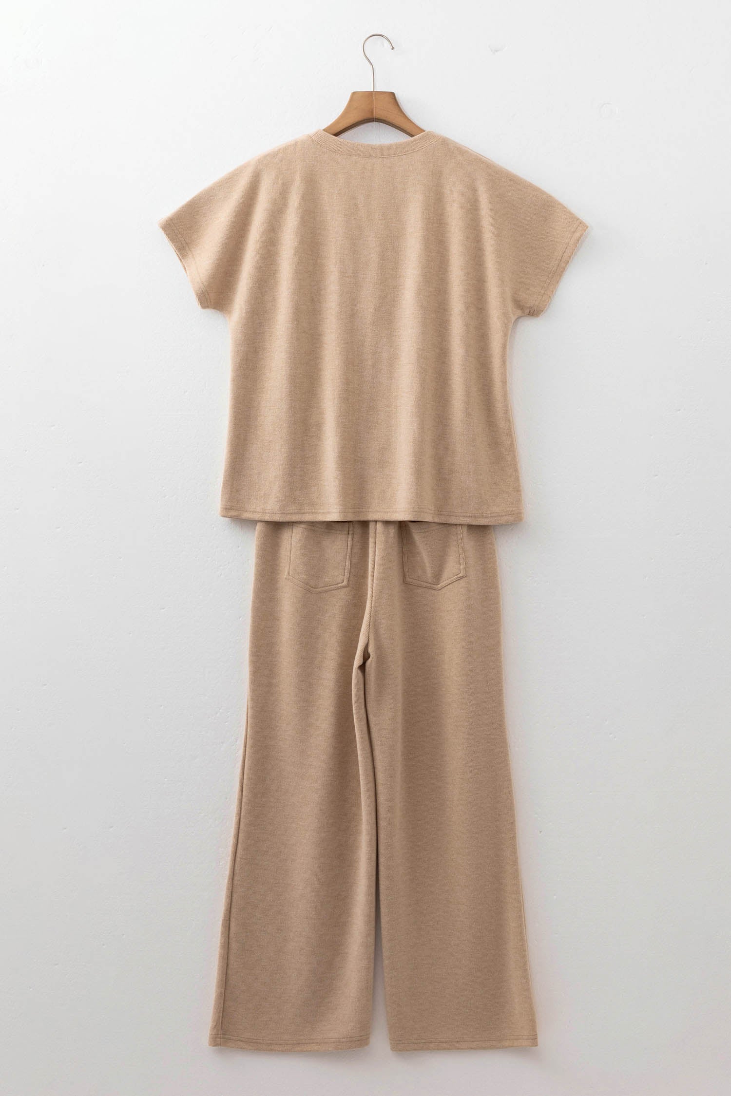 Light French Beige Solid Color Short Sleeve Top Casual Pants 2pcs Corduroy Set