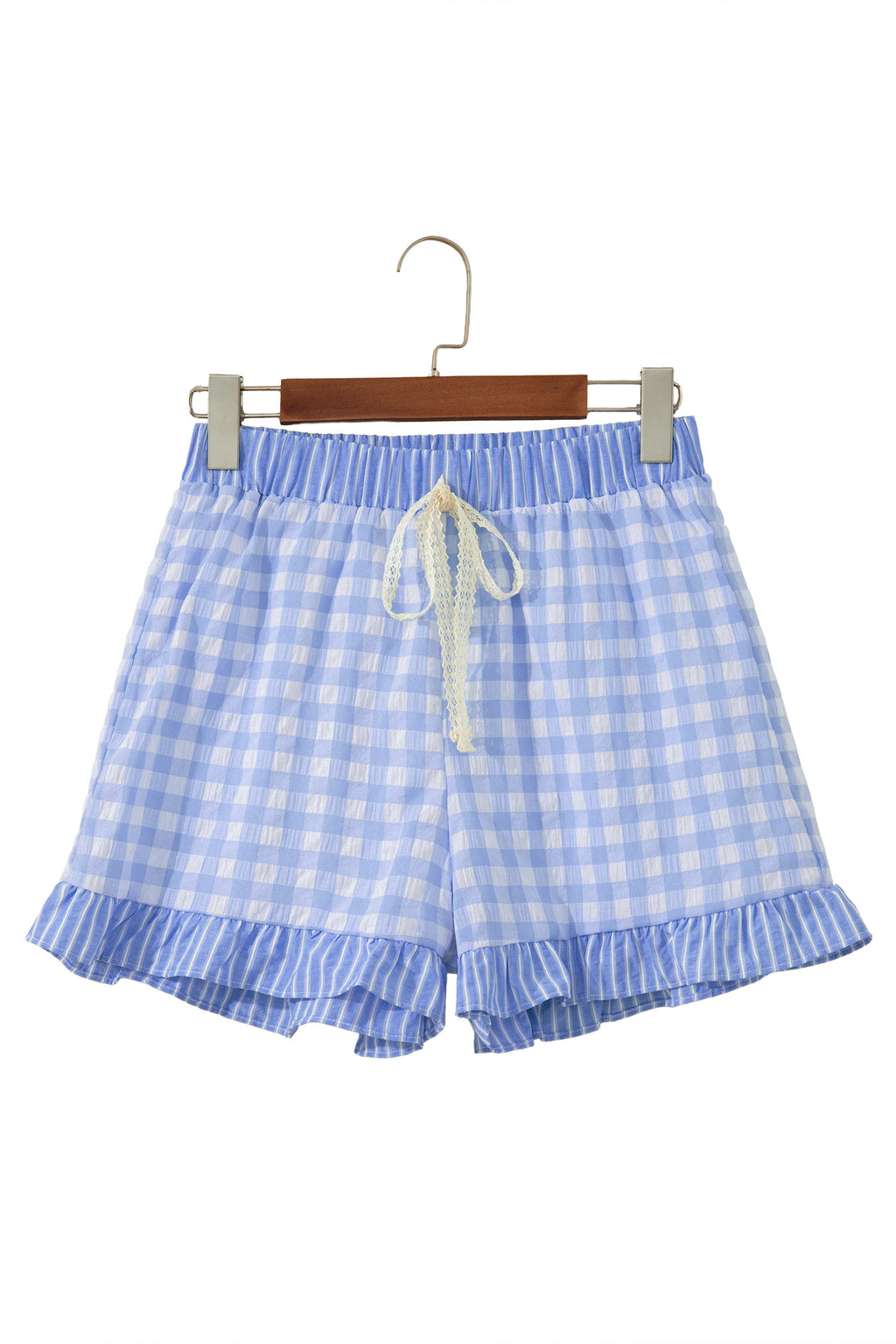 Red Gingham Print Ruffle Striped Detail Lace Tie Shorts