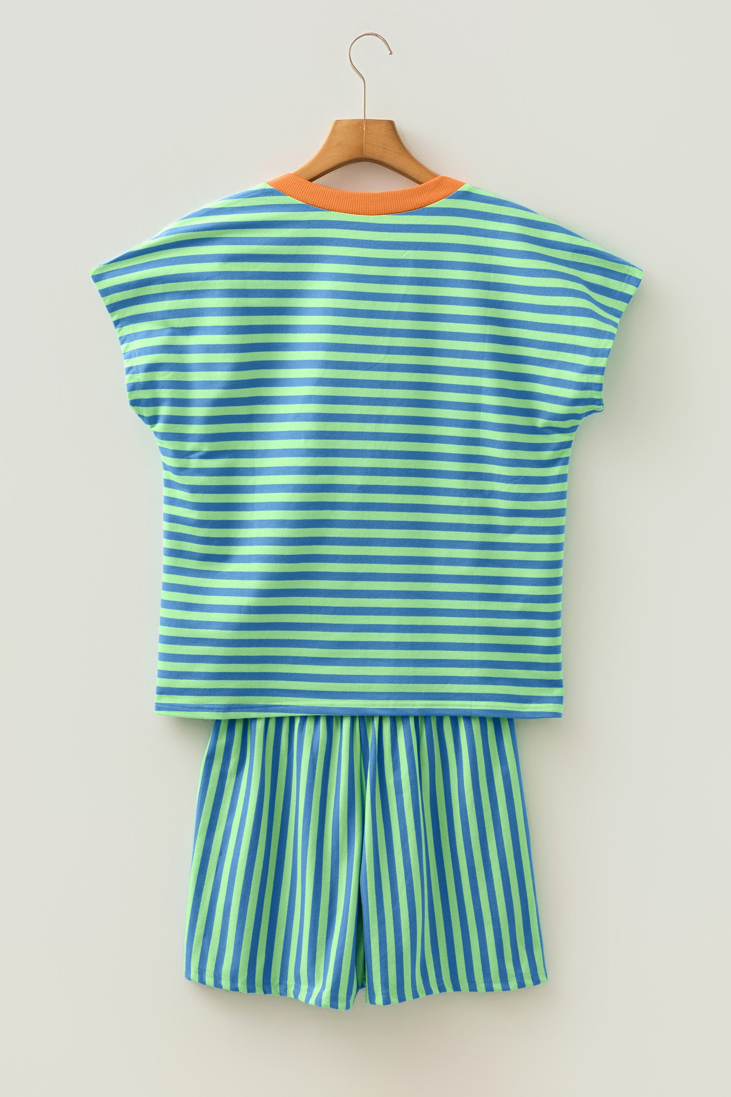 Pink Stripe Colorblock Trim V Neck Tee Drawstring Elastic Waist Short Set