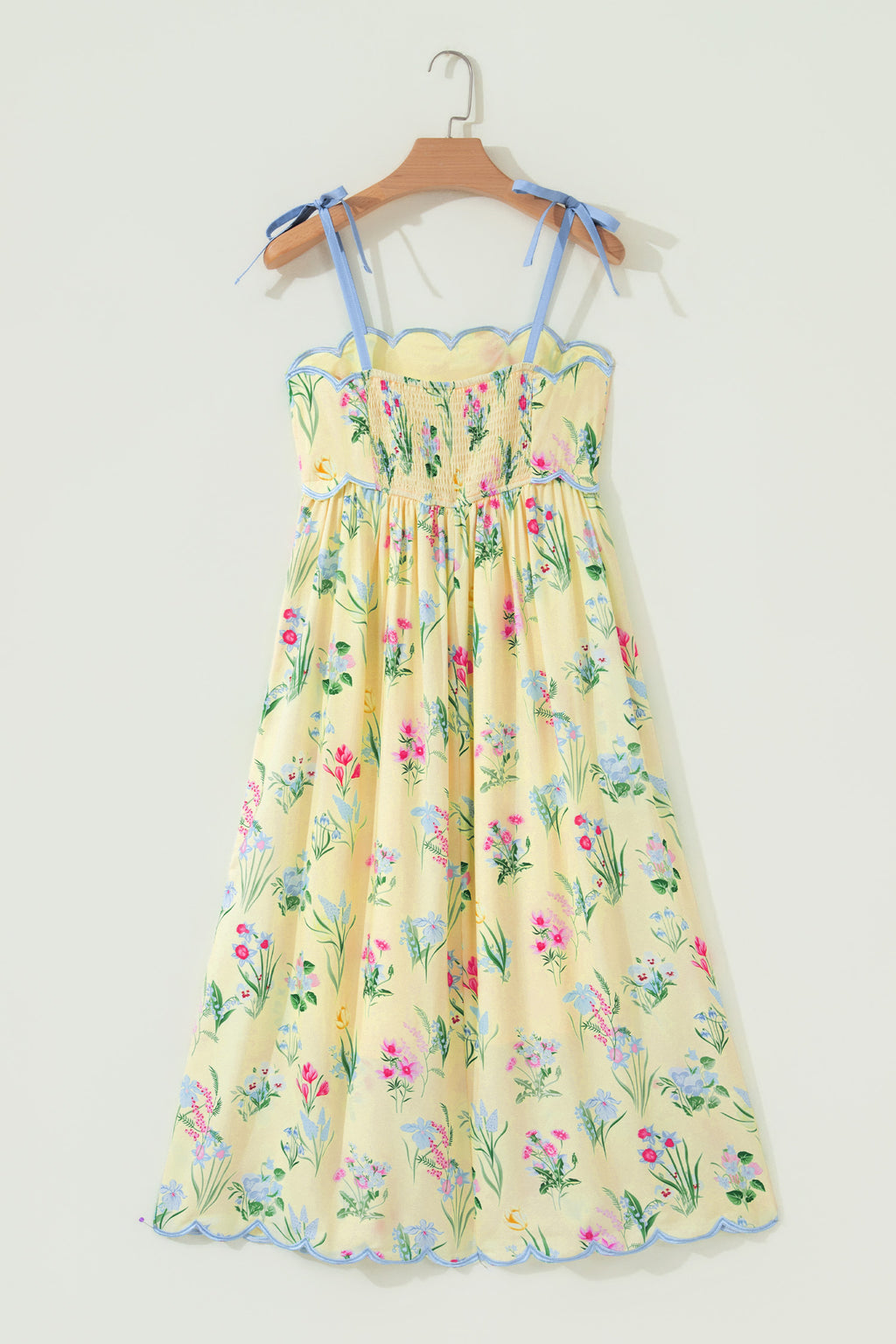 Yellow Floral Print Contrast Trim Self-tie Straps High Waist Midi Dress