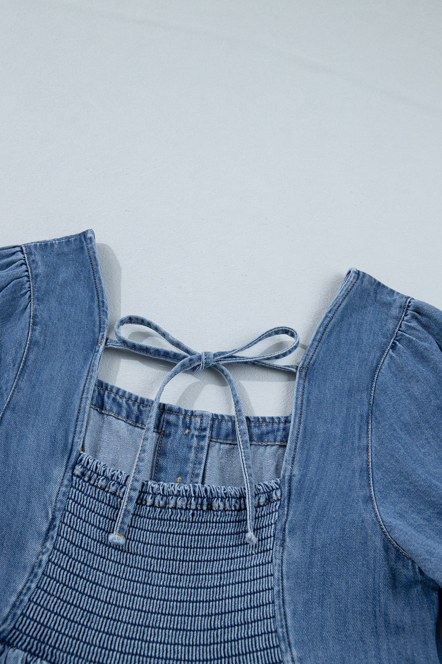 Prussian Blue Button Square Neck Short Puff Sleeve Denim Mini Dress