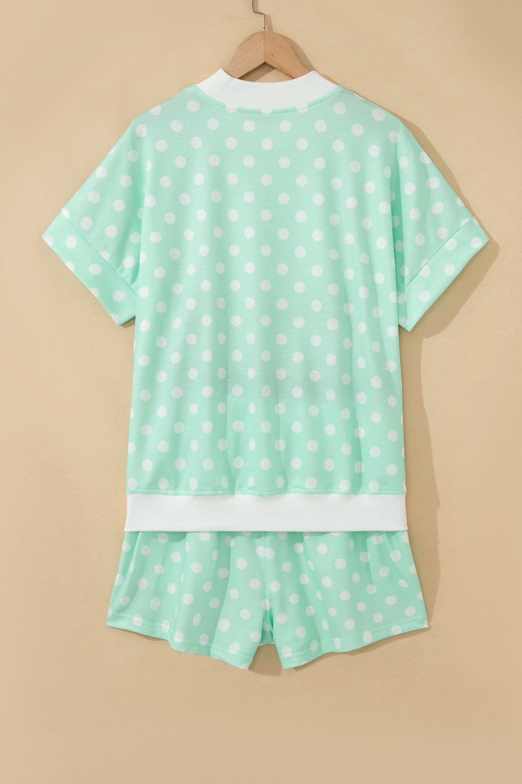 Sky Blue Polka Dot Print Color Block Trim Mock Neck Short Set