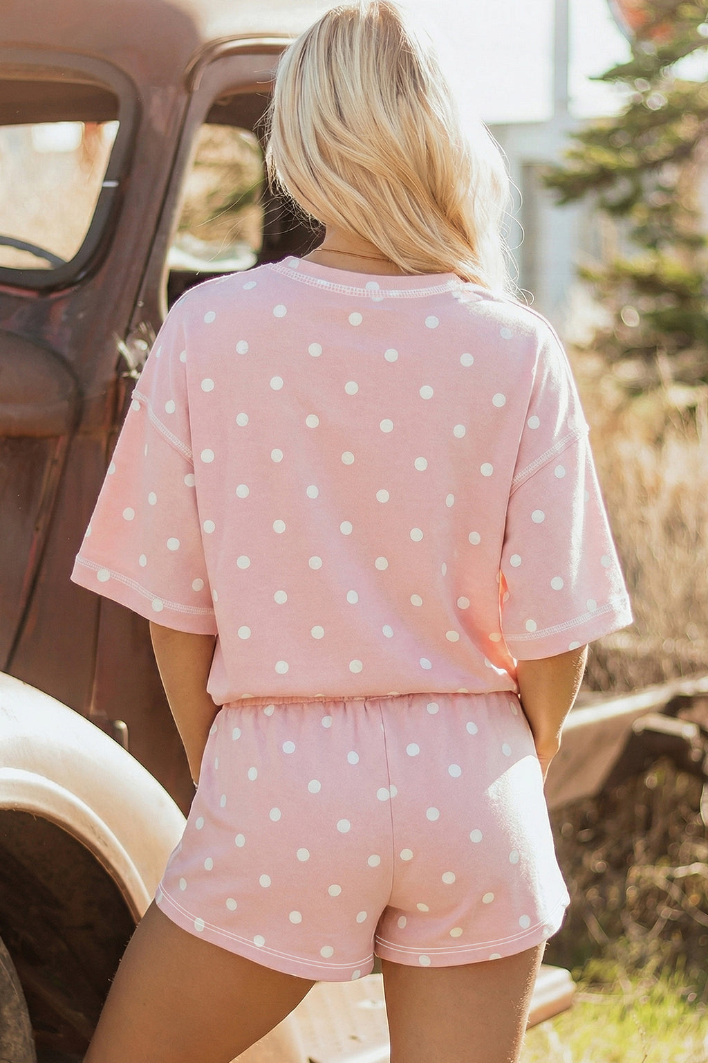 Sky Blue Exposed Seam Detail Polka Dot Loose Tee Drawstring Shorts Set