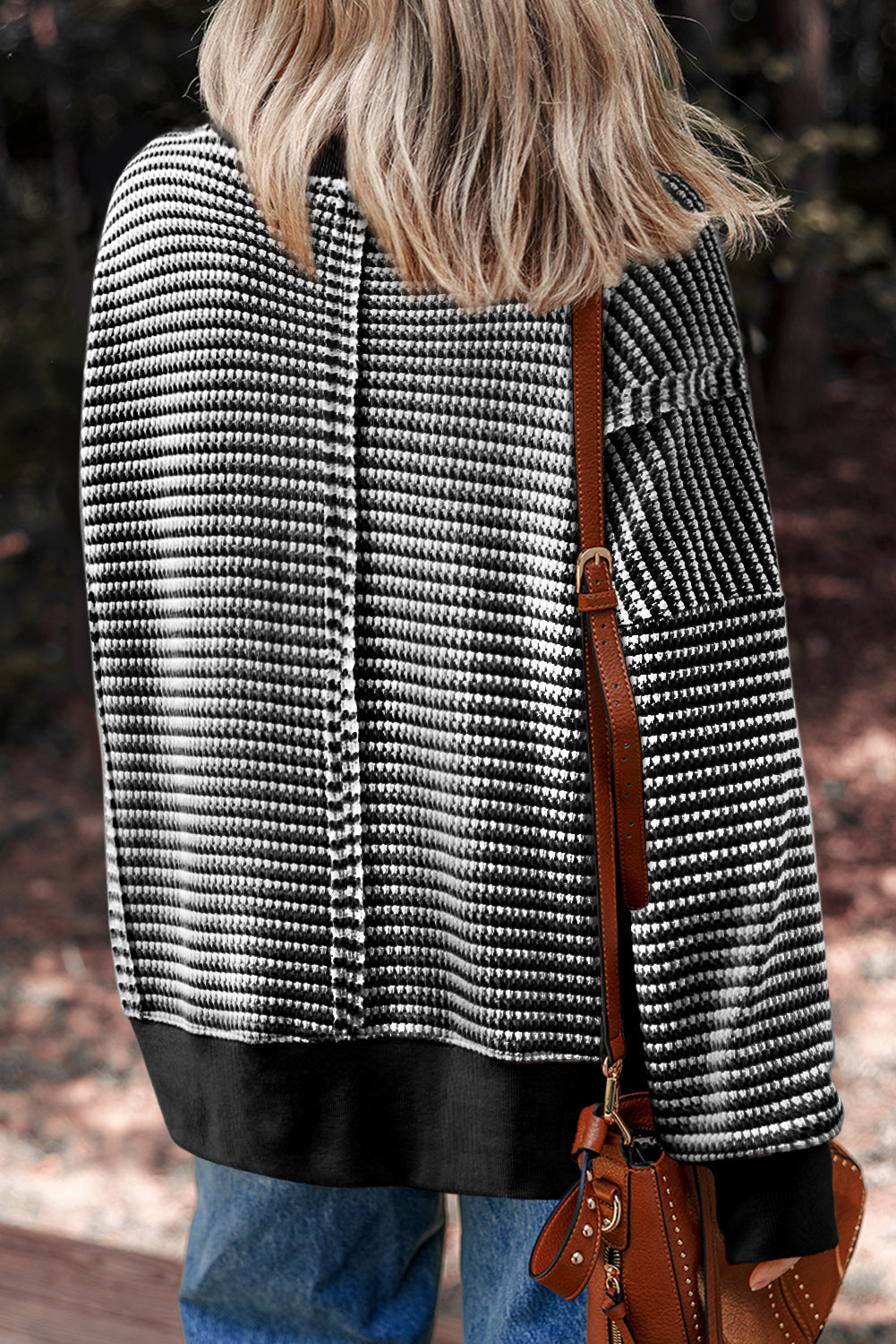 Brown Stripe Ribbed Trim Drop Shoulder Long Sleeve Oversize Top