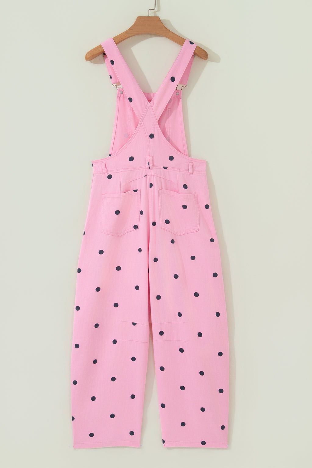 Light French Beige Polka Dot Print Bib Pocket Denim Barrel Overalls Jumpsuit