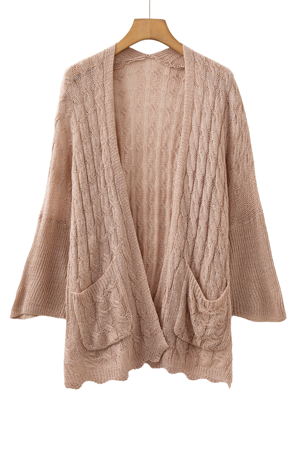 Pink Hollowed Pattern Knit Drop Shoulder Open Sweater Cardigan