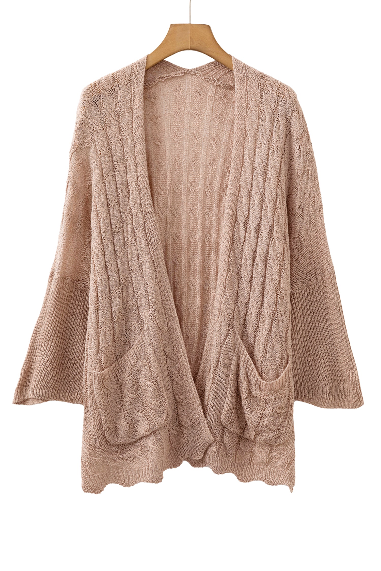 Pink Hollowed Pattern Knit Drop Shoulder Open Sweater Cardigan