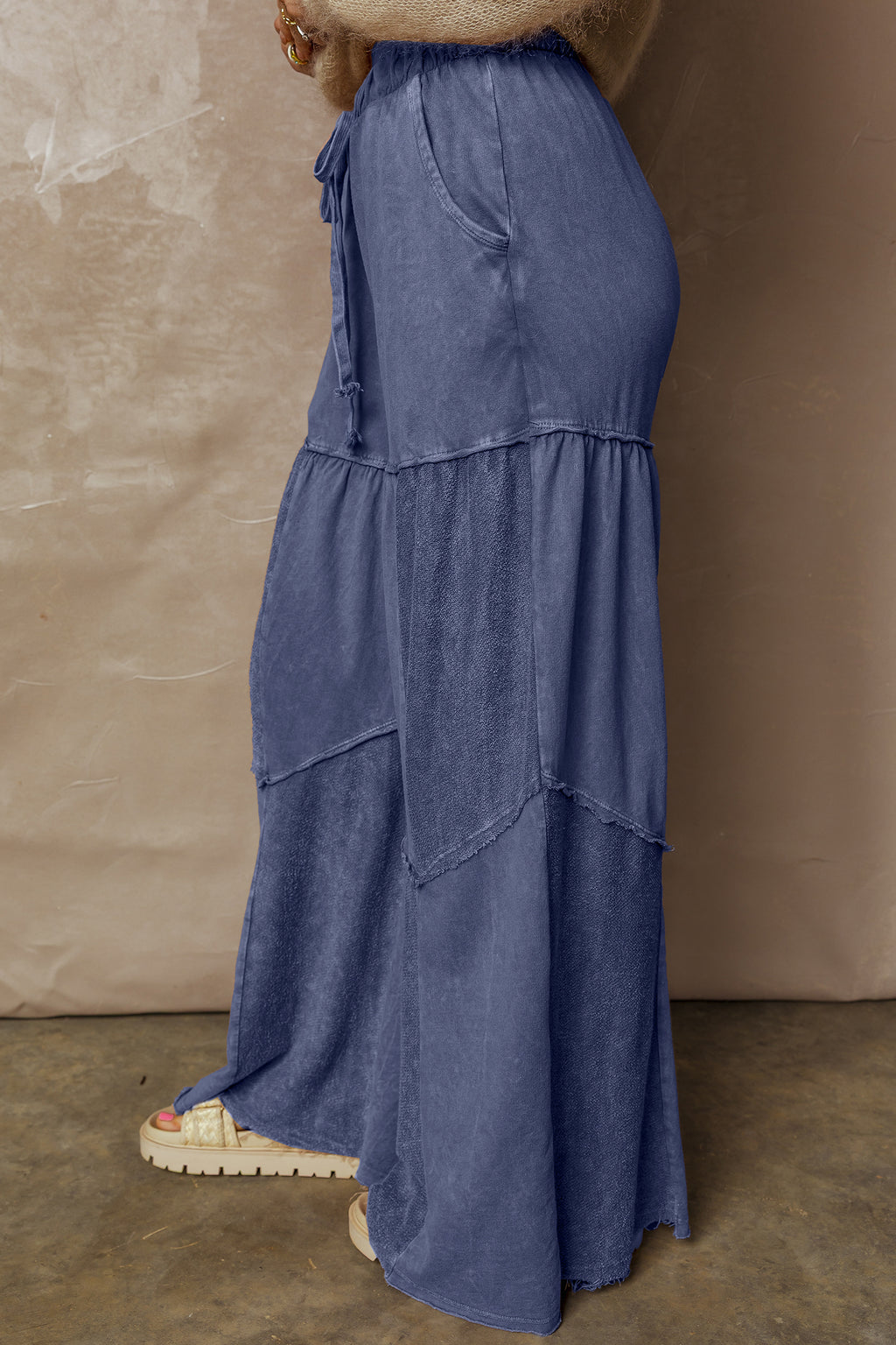 Wild Ginger Careys Mineral Wash Tiered Wide Leg Patchwork Drawstring Pants