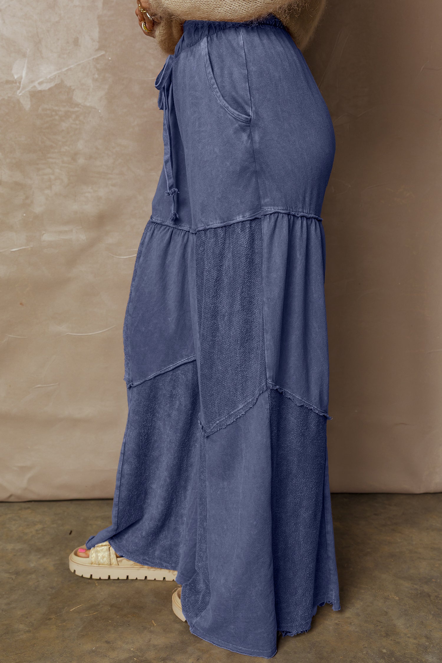 Wild Ginger Careys Mineral Wash Tiered Wide Leg Patchwork Drawstring Pants