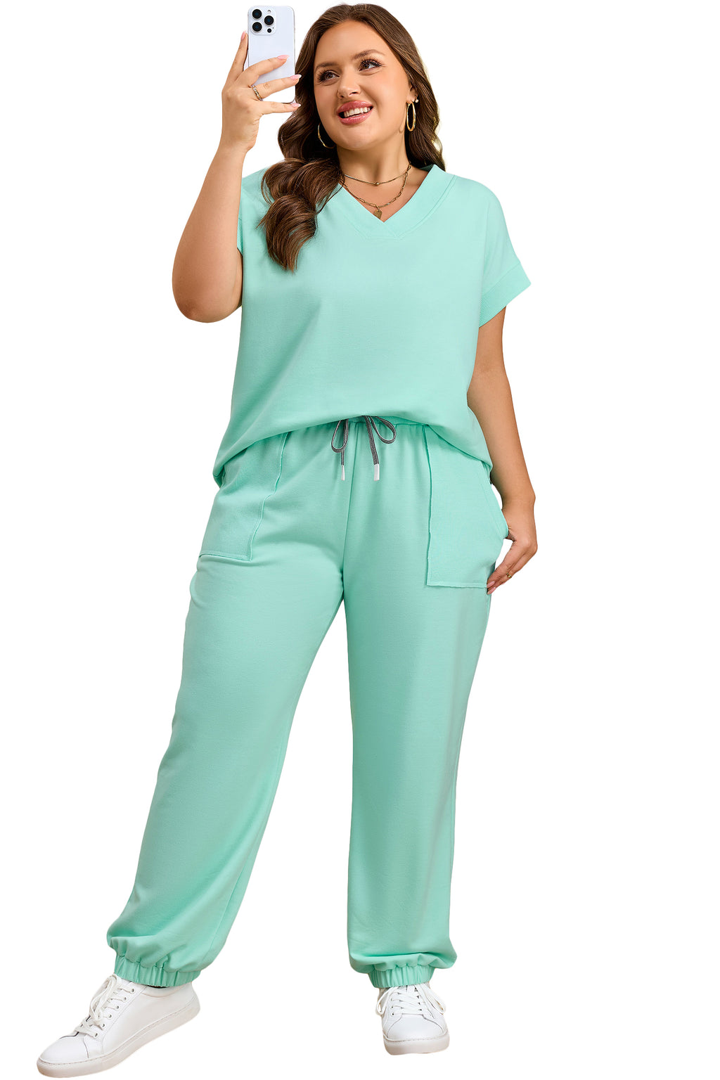 Bonbon Solid V-Neck Tee and Drawstring Plus Size Pants Set