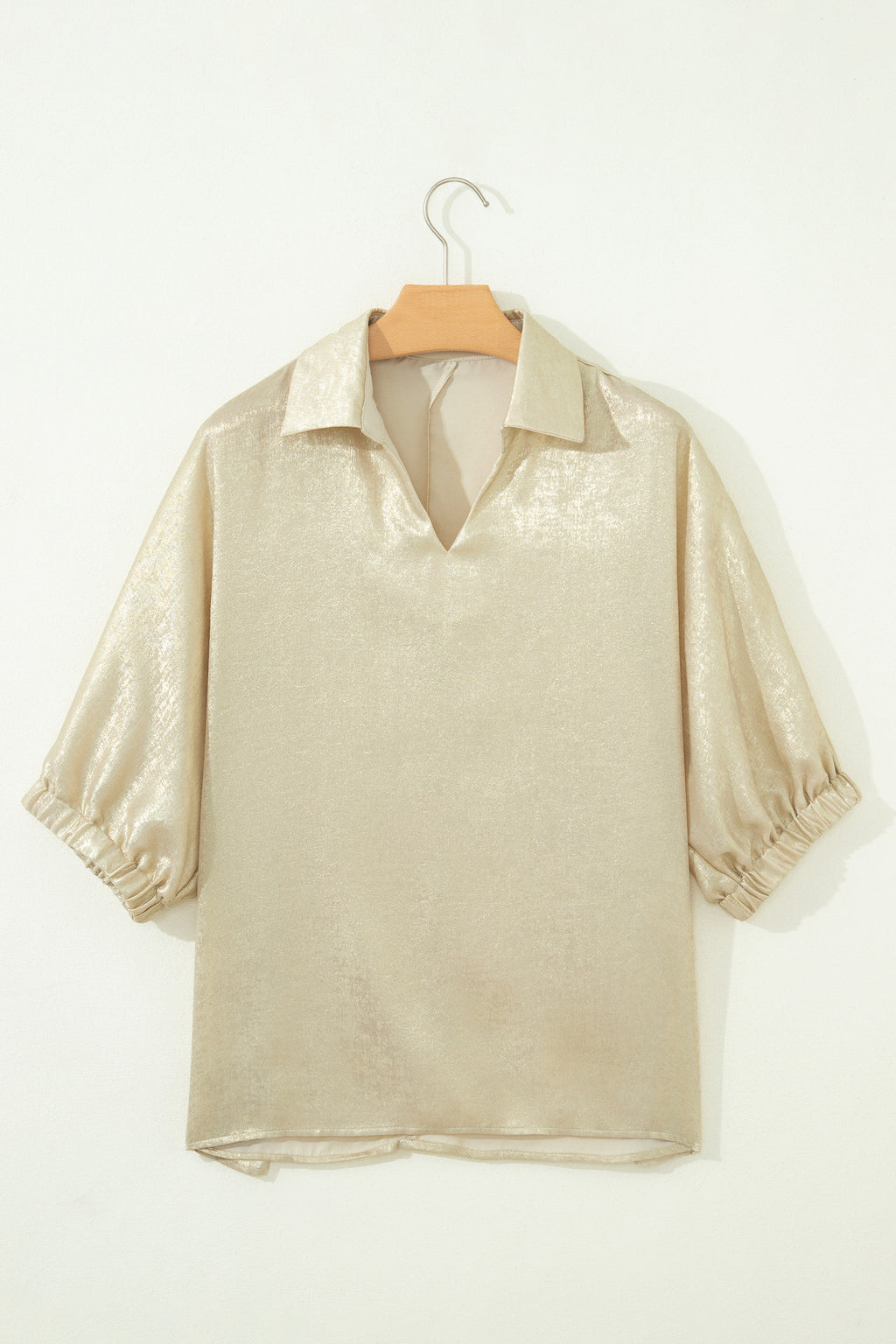 Casual Collared V Neck Half Sleeve Metallic Top