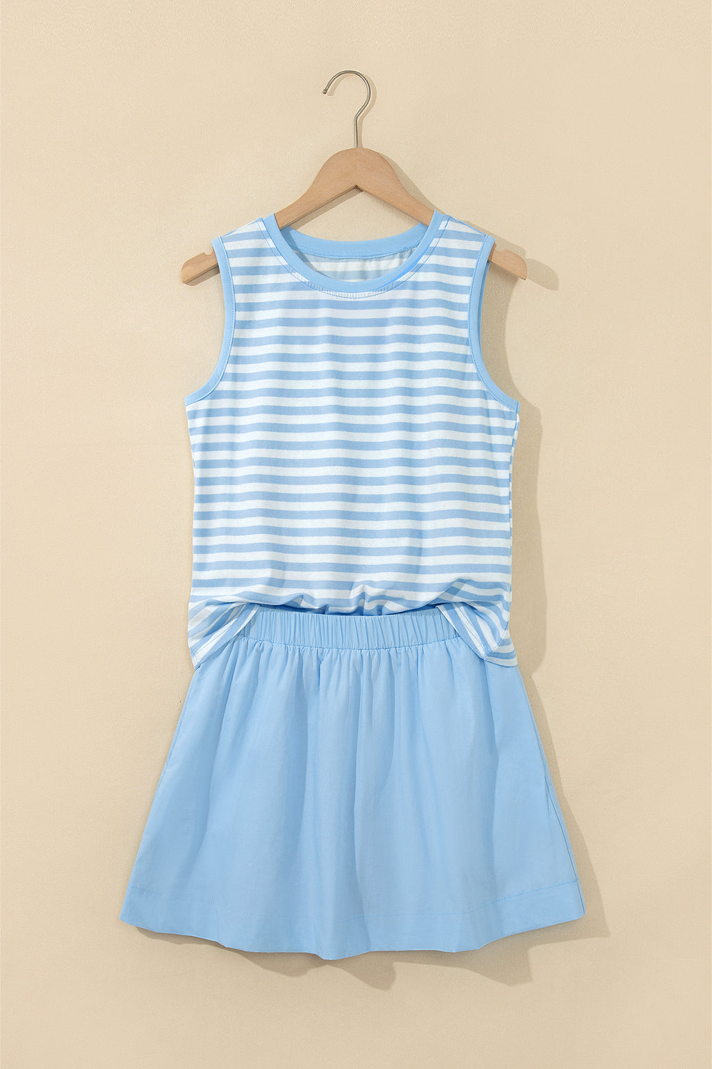 Sky Blue Stripe Slim Tank Contrast Ruffle Mini Skort Set