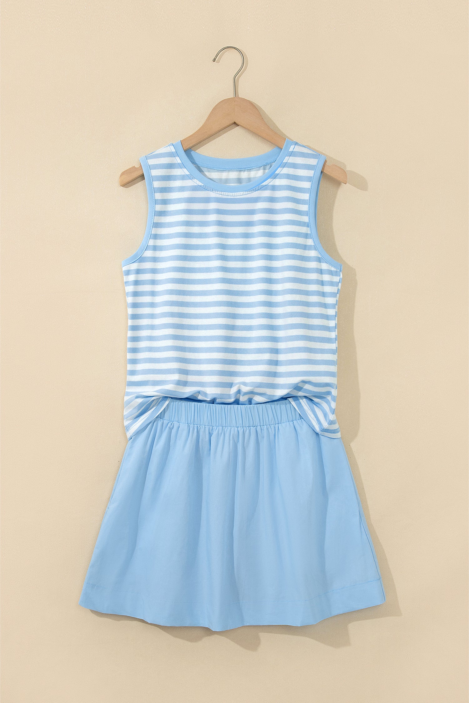 Sky Blue Stripe Slim Tank Contrast Ruffle Mini Skort Set