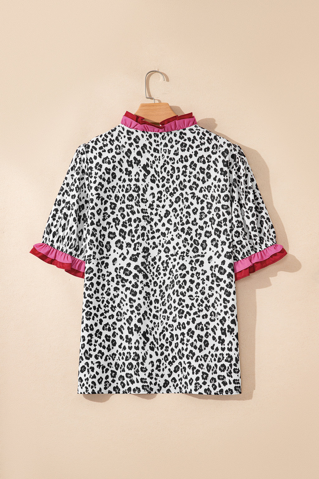Pink Stripe Ruffled Trim V Neck Leopard Print Short Sleeve Blouse