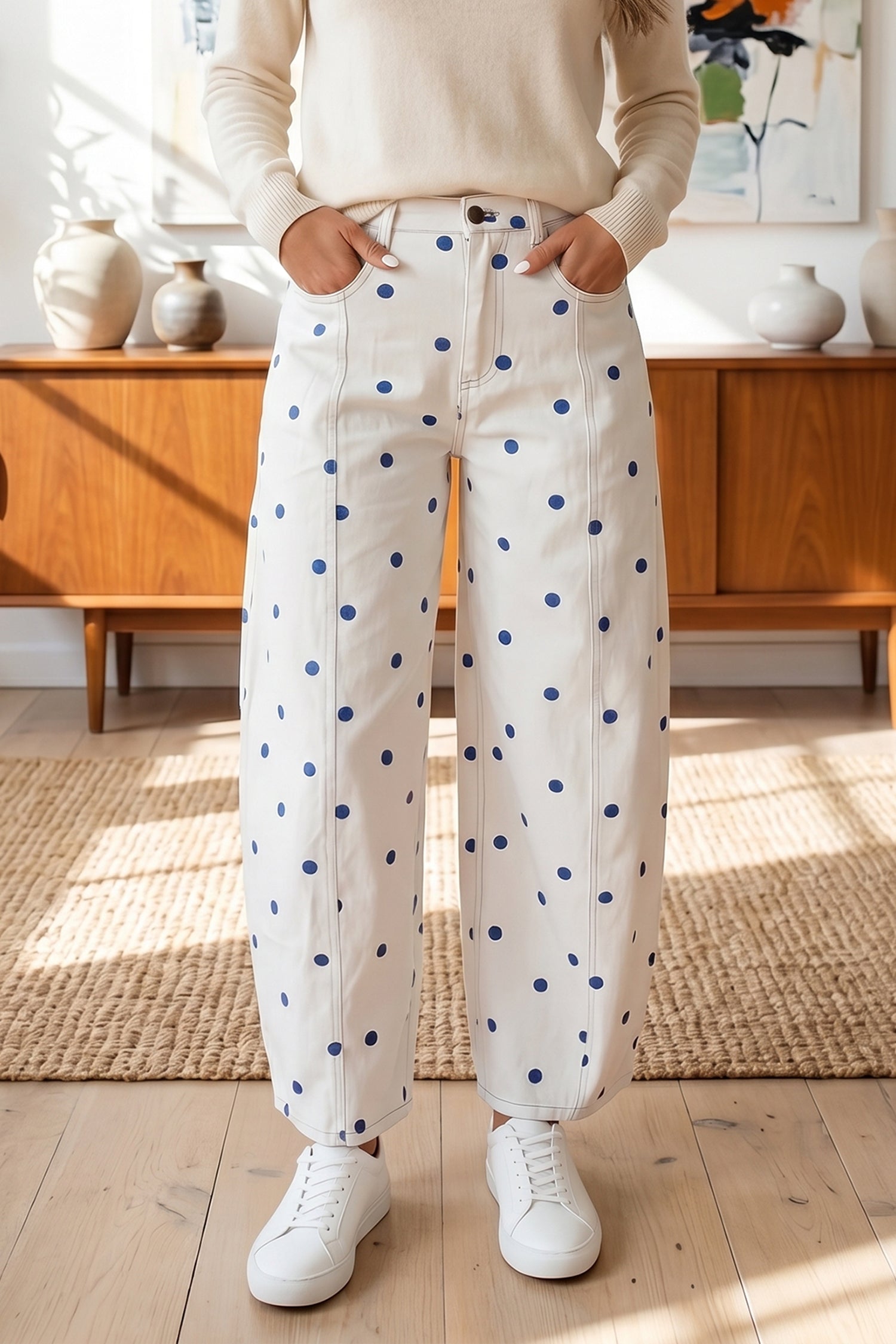 Blue Polka Dot Print Seam Detail Barrel Jeans