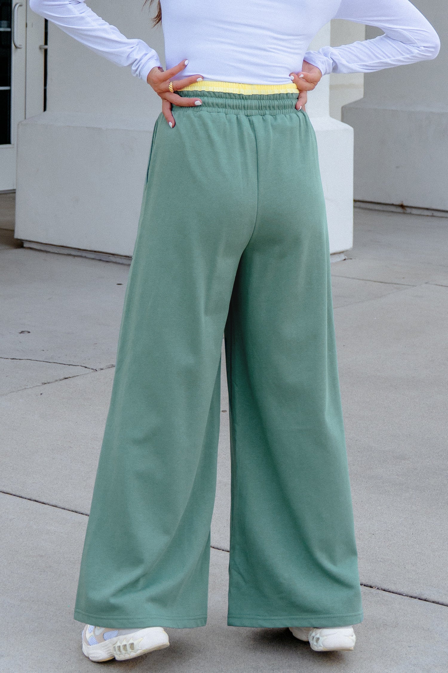 Sky Blue Color Block Flower Patchwork Drawstring Contrasted Elastic Waist Wide Leg Pants