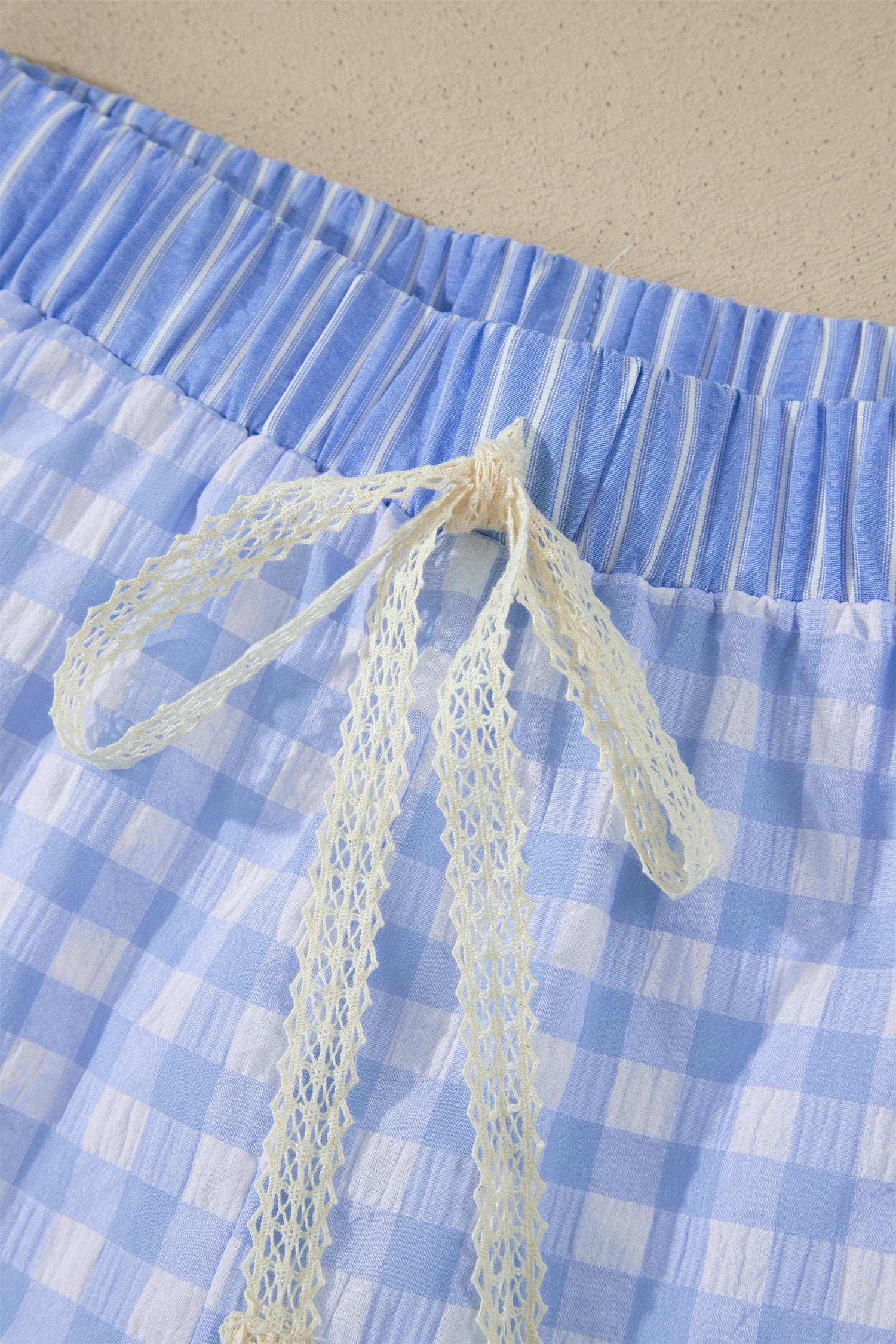 Red Gingham Print Ruffle Striped Detail Lace Tie Shorts