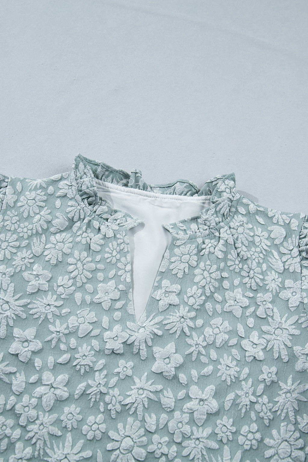 Iceland Blue Floral Textured Jacquard Puff Sleeve Blouse