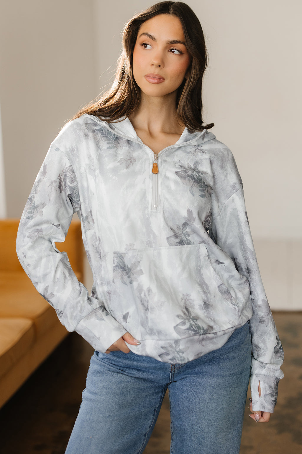 Gray Camo Leaf Print Kangaroo Pocket Quarter Zip Hoodie