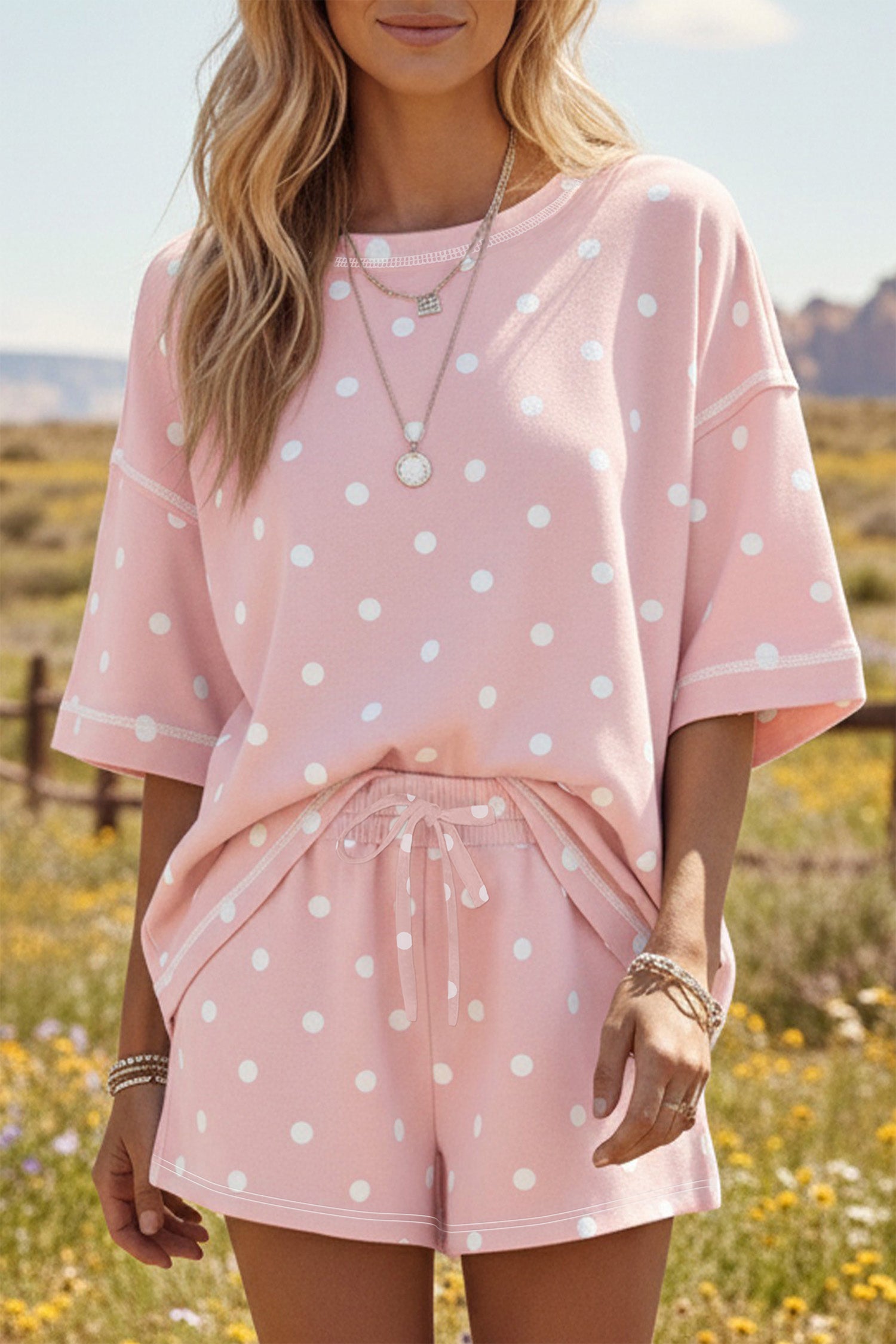 Sky Blue Exposed Seam Detail Polka Dot Loose Tee Drawstring Shorts Set