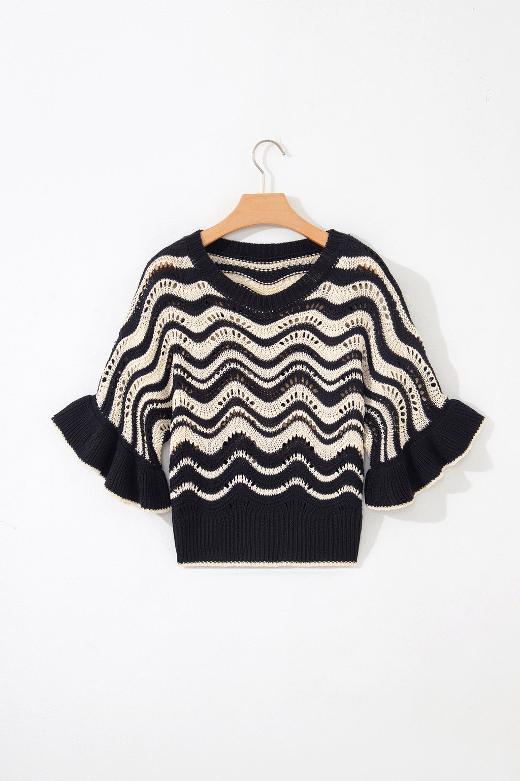 Black Stripe Wavy Crochet Eyelet Detail Ruffle Half Sleeve Sweater