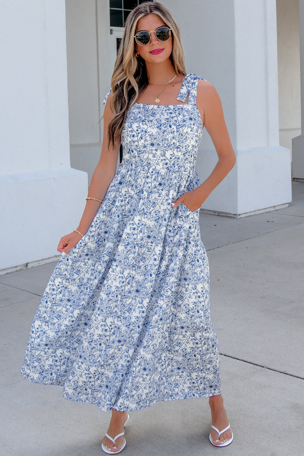 Sky Blue Floral Print Knot Straps High Waist Flared Maxi Dress