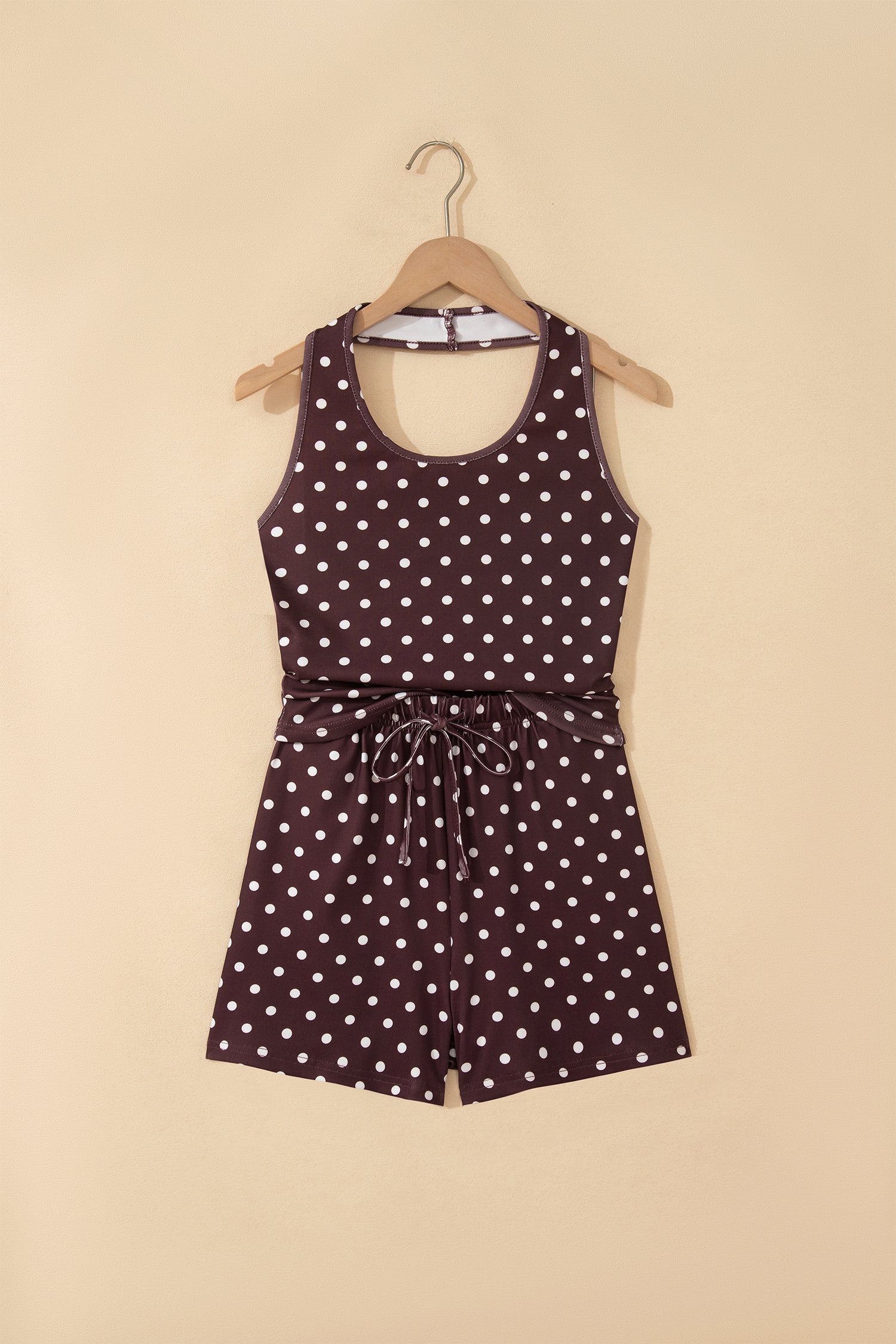 Brown Polka Dot Halter Tank Drawstring Elastic Waist Short Set