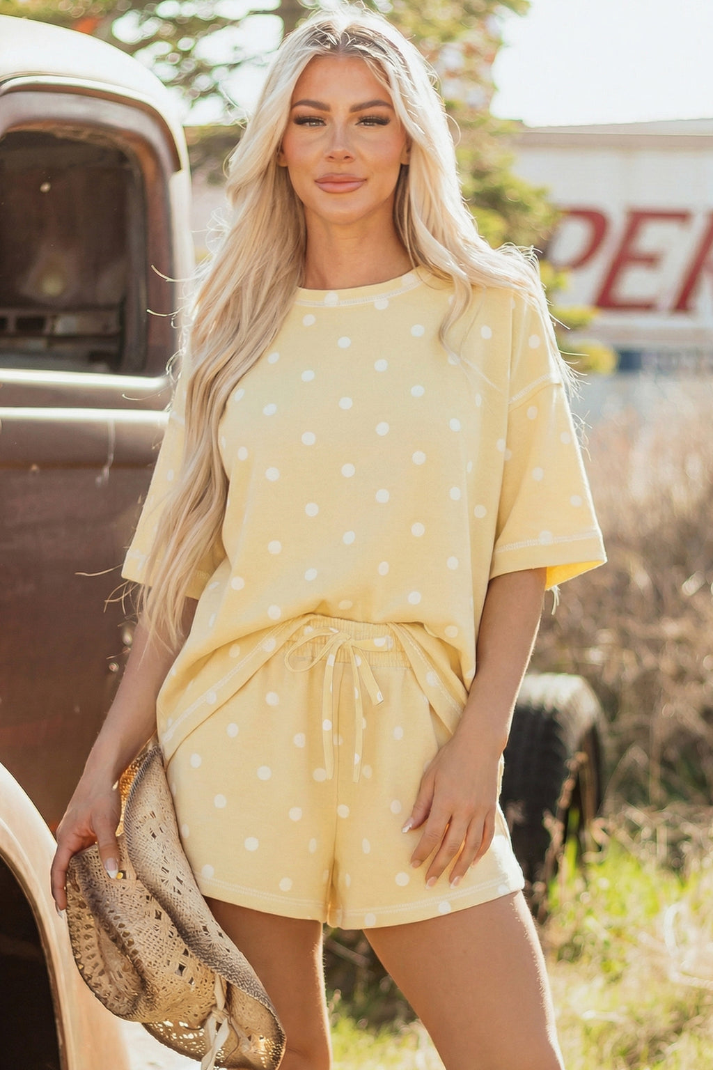 Sky Blue Exposed Seam Detail Polka Dot Loose Tee Drawstring Shorts Set