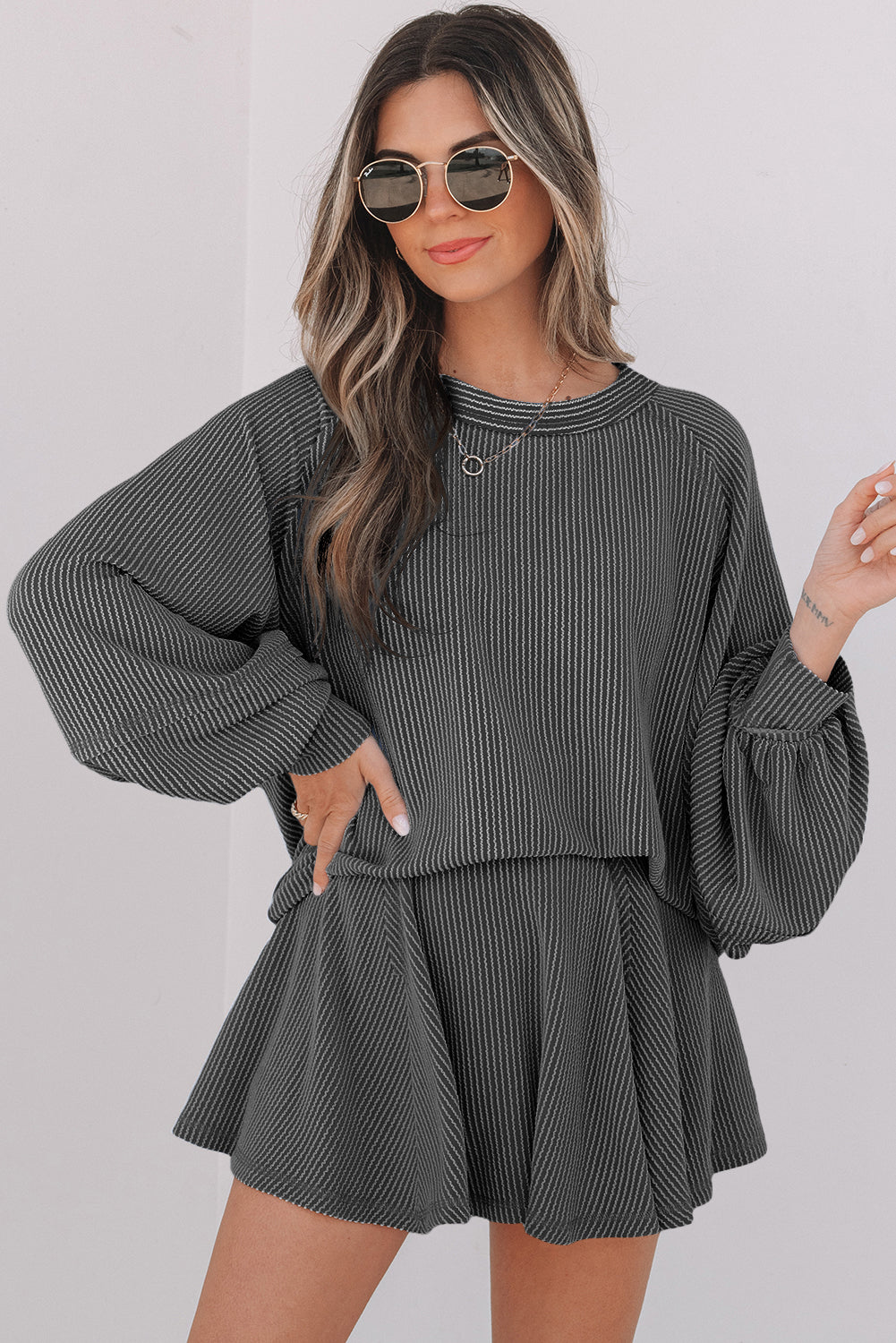 Jet Stream Corded Lantern Sleeve Top High Waist Ruffled Mini Skort Set
