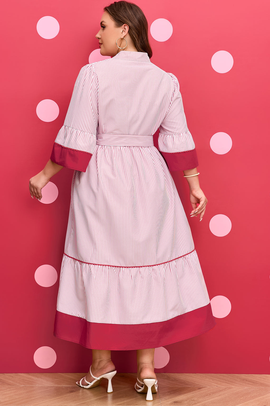 Red Stripe Plus Size Ruffled Hem Pinstriped Midi Dress