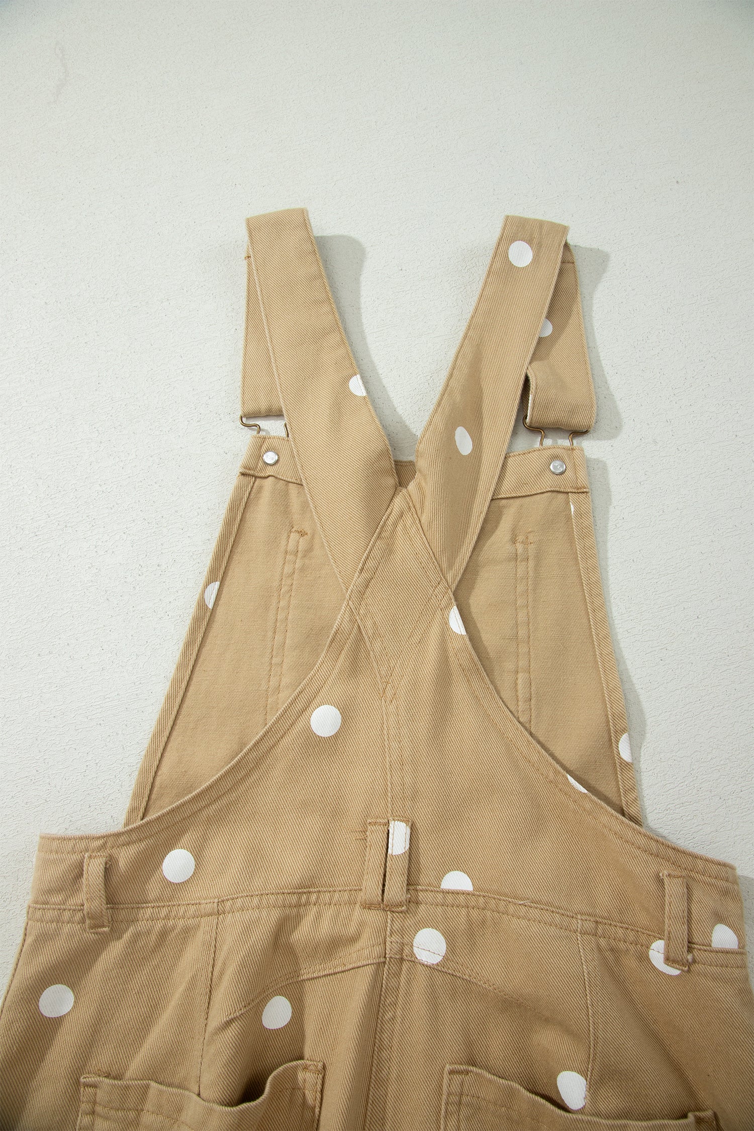 Light French Beige Polka Dot Print Bib Pocket Denim Barrel Overalls Jumpsuit