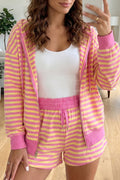 Rose Red Striped Long Sleeve Zip-Up Hoodie Drawstring Elastic Waist 2pcs Short Set