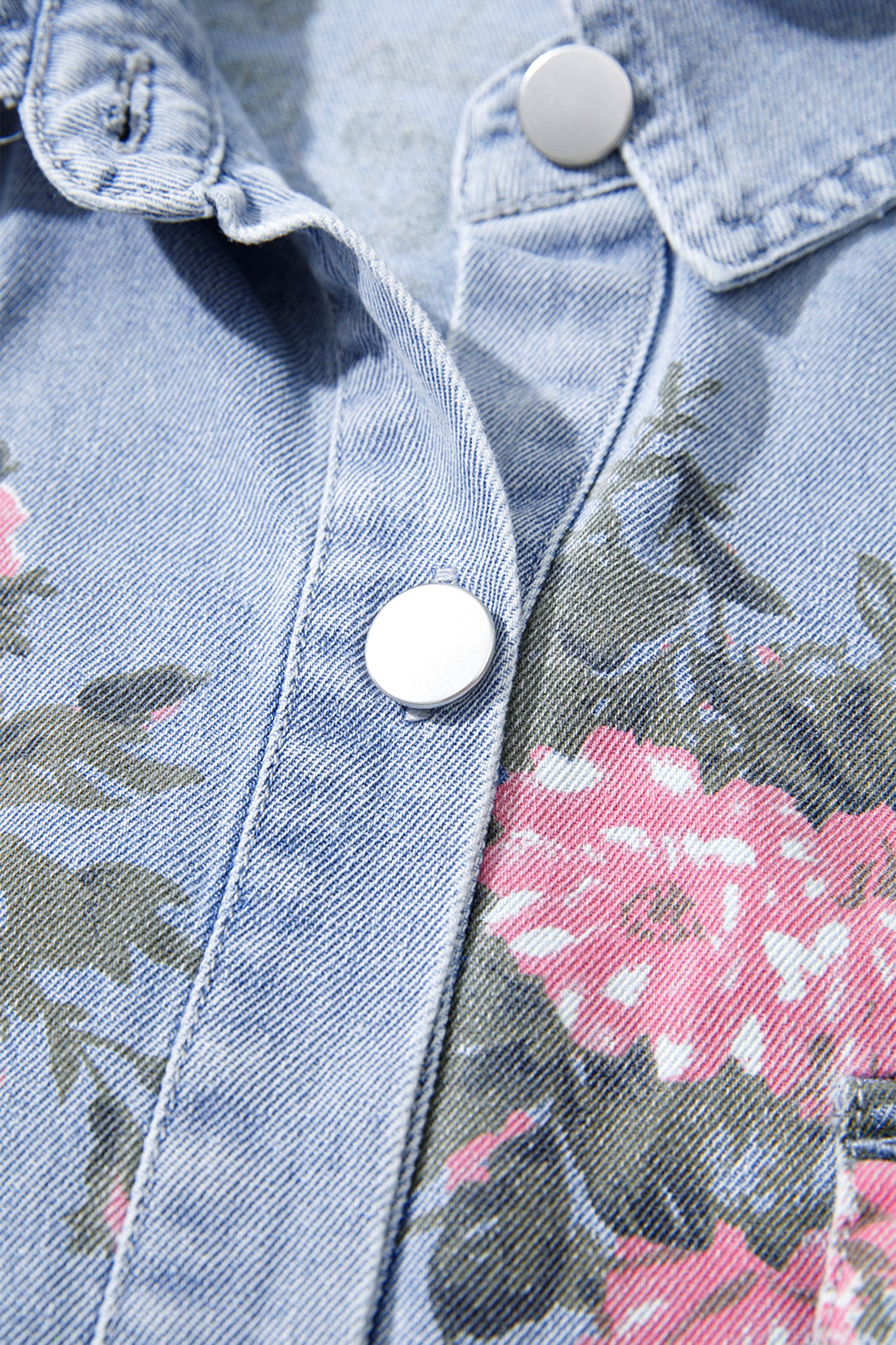 Sky Blue Denim Floral Print Cuffed Short Sleeve Button Down Shift Dress